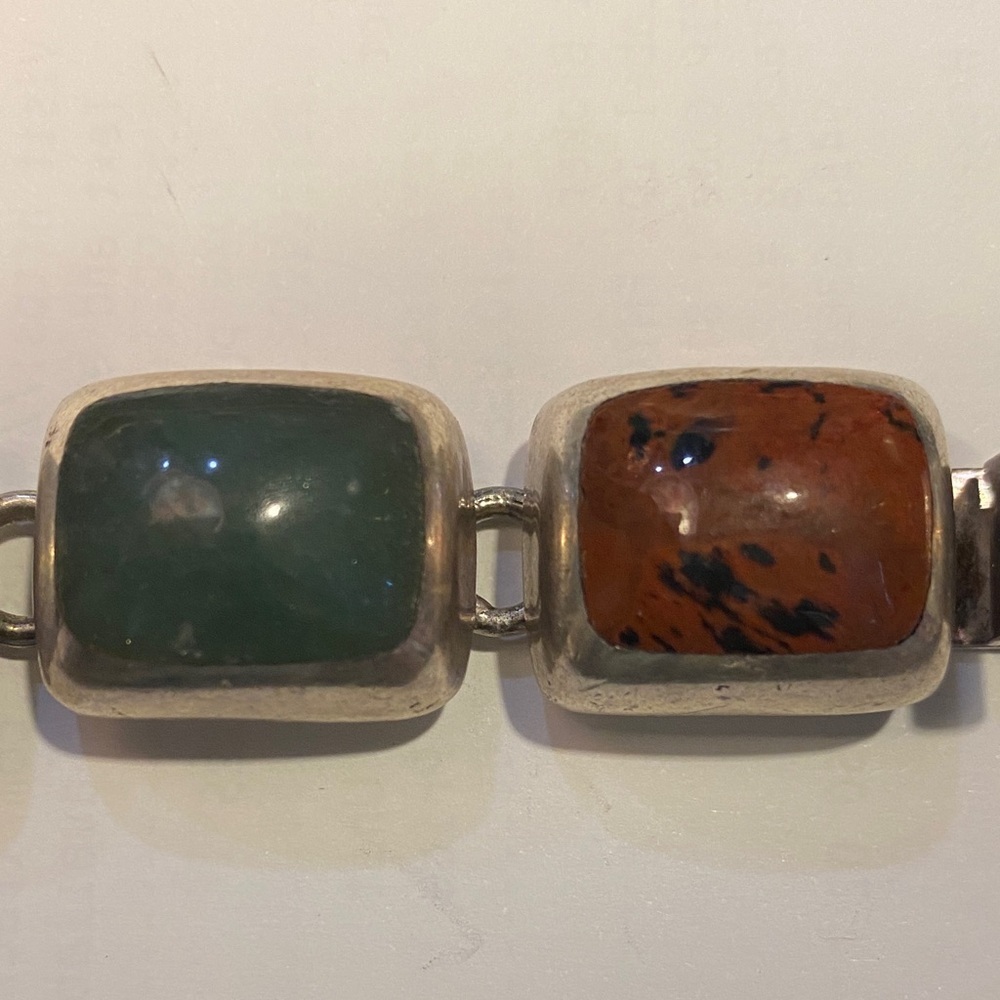 Vintage taxco mexico multi stone heavy sterling bracelet 7.5” - Picture 2 of 7